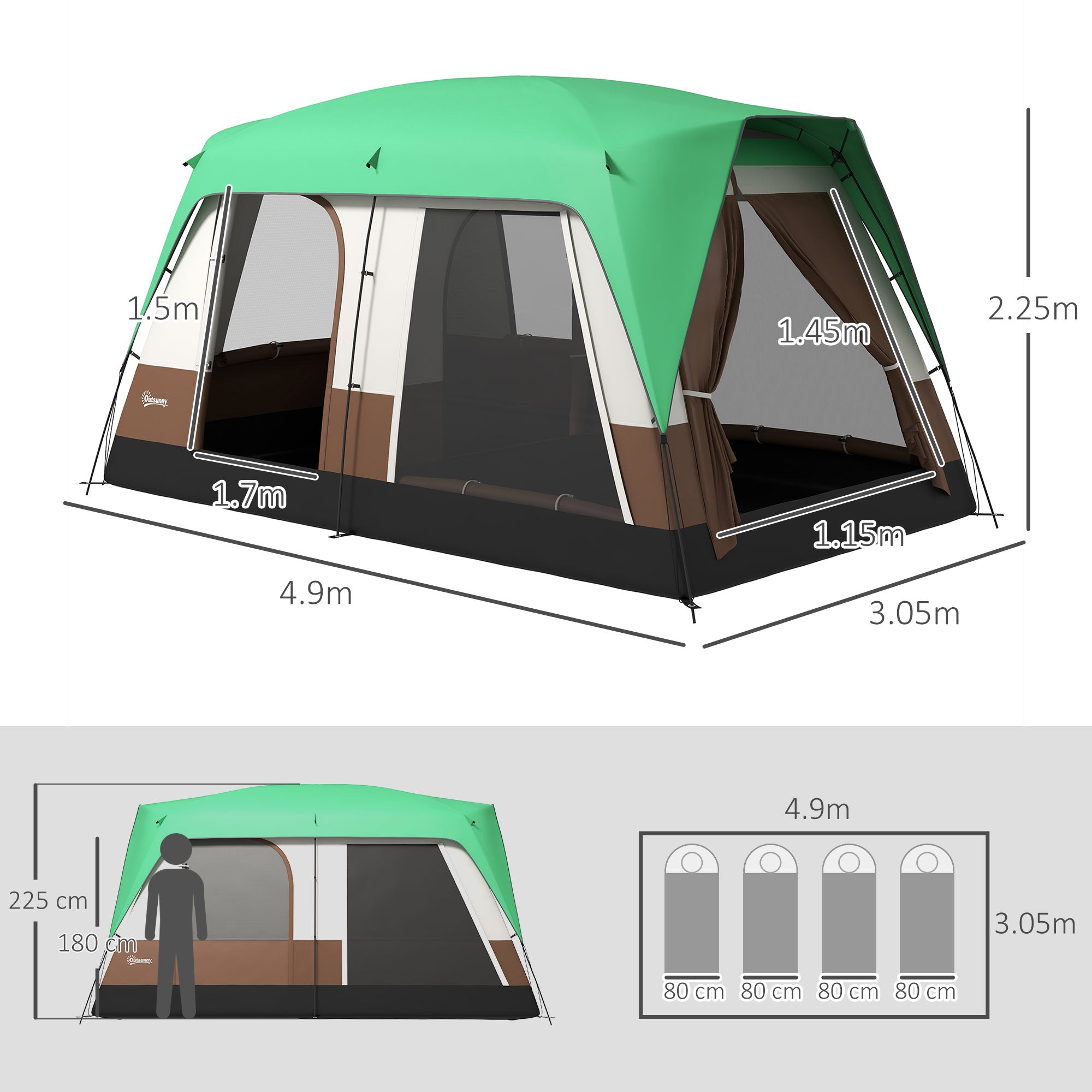 Six-Man Camping Tent, With Small Rainfly And Accessories - Green